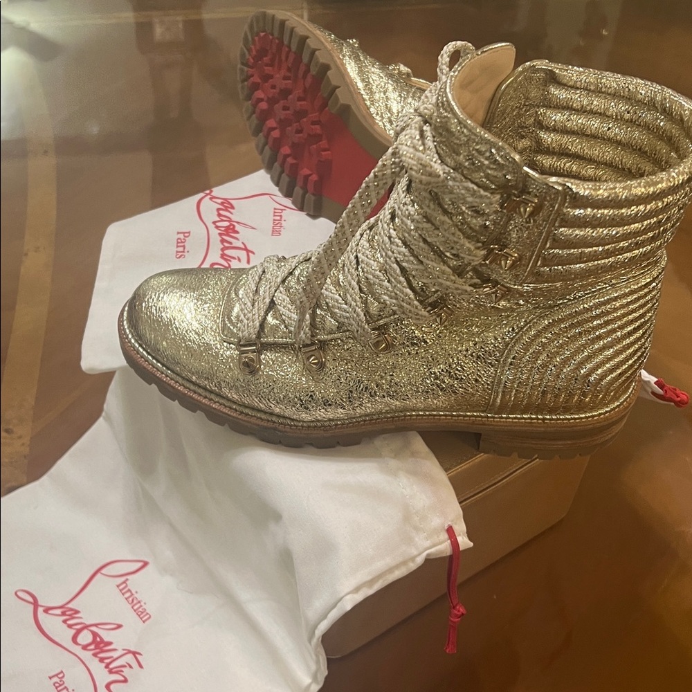 Christian Louboutin Mad Metallic Lace-Up Red Sole Boot Gold Leather Combat Boots